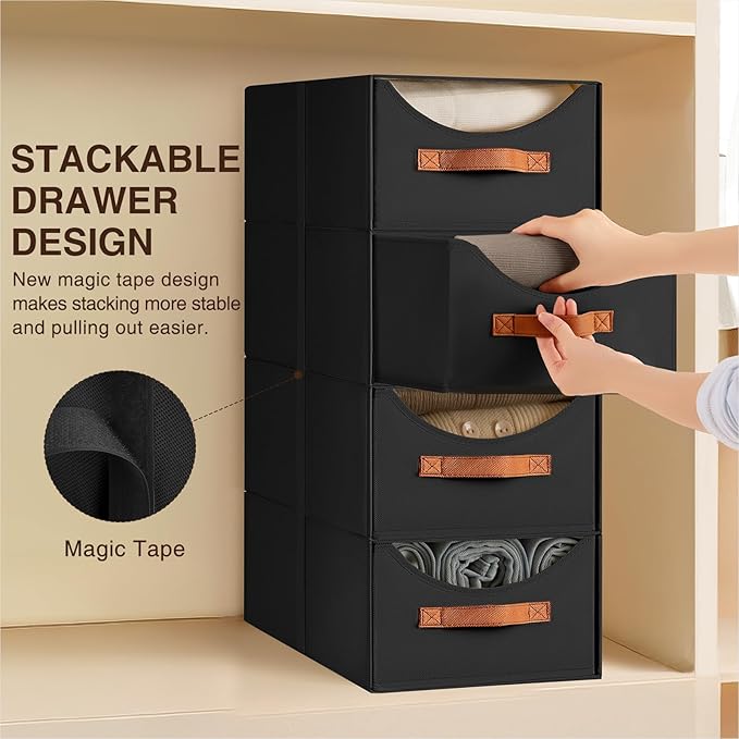 Stackable Storage Drawers - Large Collapsible Storage Bins with Drawers, 8 Pack Closet Shelf Organizer Basket, Fabric Pull Out Organizer for Bedroom, Living Room, Dorm, Black