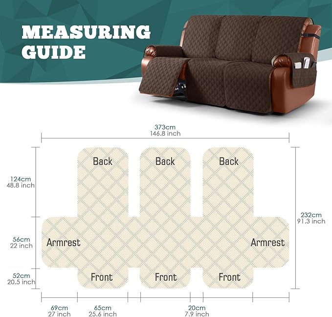 Ruaozz Waterproof Recliner Sofa Covers, 1-Piece Couch Covers for Reclining Couches Reclining Couch Cover Washable Furniture Protector with Elastic Straps Pocket for Kids Pets (Dark Brown, 3 Seater)