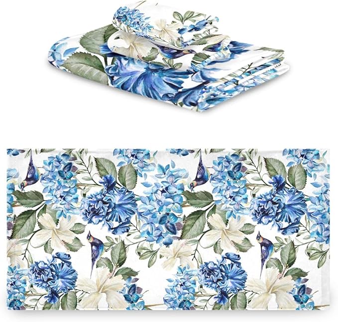 Blue White Floral Bath Towels Set,Absorbent Soft 3 Piece Spring Birds Hydrangea Hibiscus Flower Towels for Bathroom,1 Bath Towel 1 Hand Towel 1 Washcloth,Quick Dry Decoractive Bathroom Towels