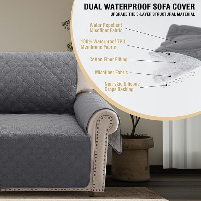 PrinceDeco Chair Covers for Armchair Sofa Cover Waterproof Couch Cover Washable Furniture Protector Cover with Elastic Straps for Pets Kids Children Dog Cat (Chair, Grey)