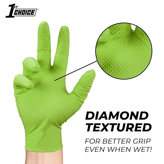 1st Choice 6 mil Green Gloves, Disposable, Latex Free, Raised Diamond Grip, Mechanic Glove for Men, Medium, 2 Cases of 1000