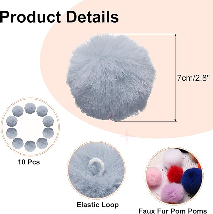 uxcell 2.8 Inch Faux Fur Pom Pom Balls, 10 Pcs Grey Fluffy Soft Faux Fur Pom Poms for Hats with Elastic Loop for DIY Knitting Hats Keychain Scarves Gloves Bags Shoes Accessories