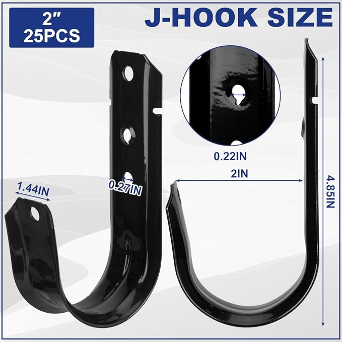 Zonon Black Cable Support J Hooks for Hanging Heavy Duty Metal J Hook for Cable and Wire Management Galvanized Steel(2 Inch)