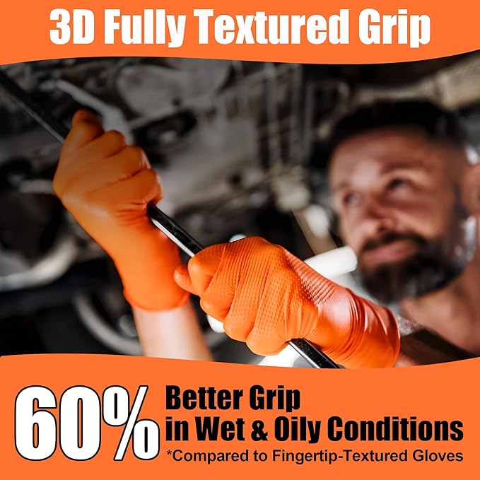 TREEGO 10 Mil Nitrile Gloves XL - Heavy Duty Orange Gloves with Double Diamond Grip, Disposable Mechanic Rubber Gloves, Latex Free Industrial Work Gloves for Garage & Automotive, 50 Count Extra Large