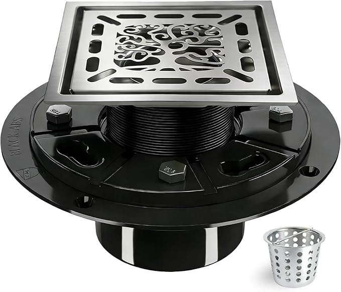 4 Inch Shower Drain, Square Shower Floor Drain Kit with Flange and Removable Cover Grate, AISI 304 Stainless Steel, Brushed Nickel