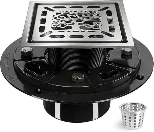 4 Inch Shower Drain, Square Shower Floor Drain Kit with Flange and Removable Cover Grate, AISI 304 Stainless Steel, Brushed Nickel