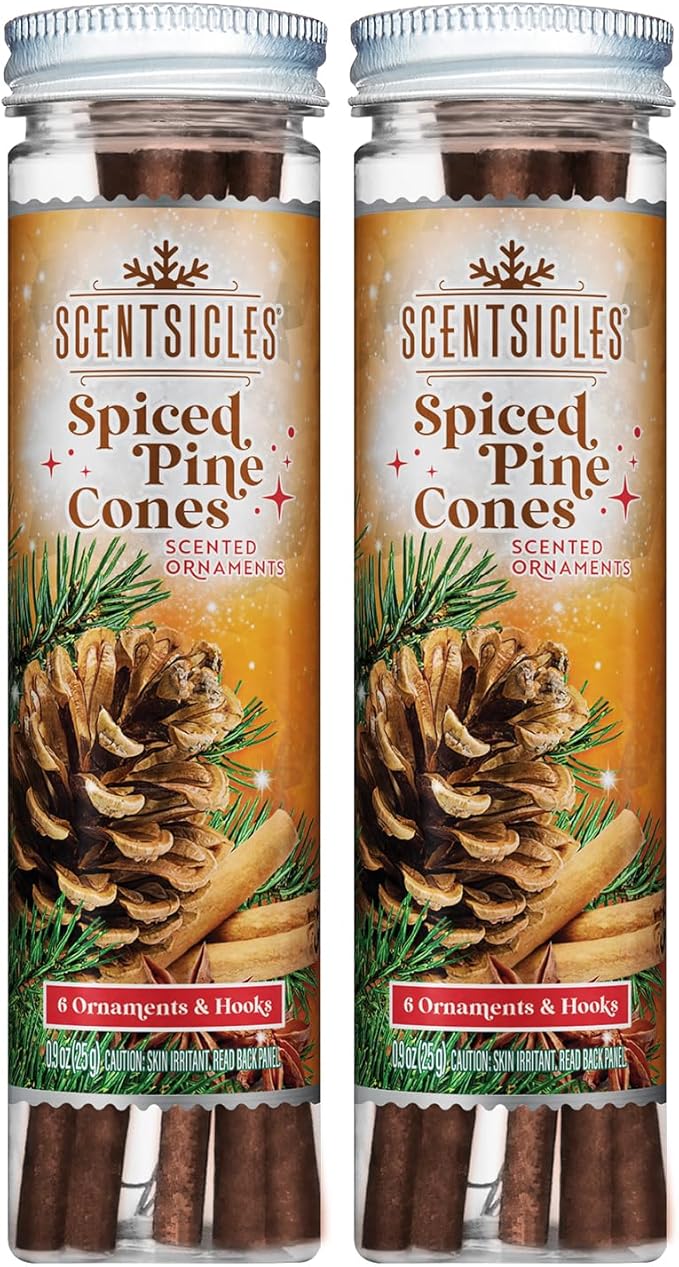 Scentsicles Spiced Pine Cones Scented Christmas Ornaments with Hooks - 2 Bottles (12 Sticks Total)