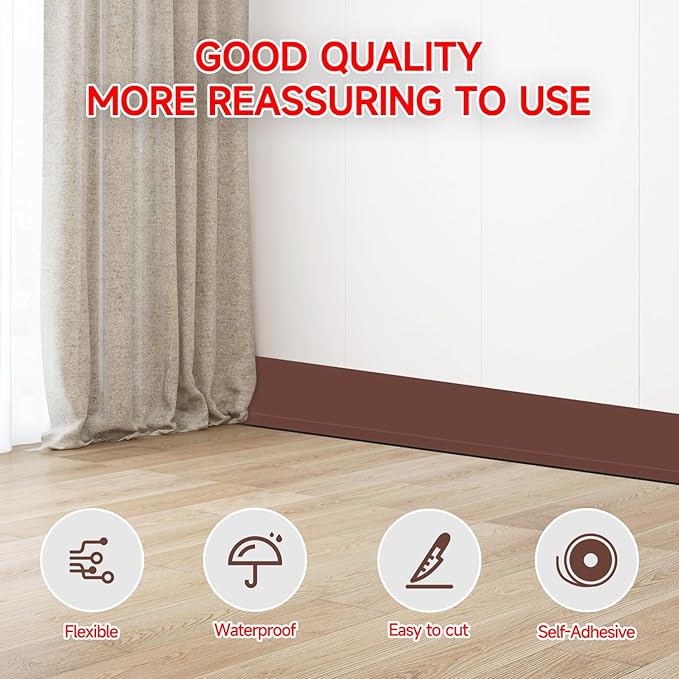 Flexible Baseboard Molding Trim 3 Inch(W) x 40 Feet(L) Self Adhesive Vinyl Wall Base Peel and Stick Cove Base,Rubber Wall Base. (Brown)