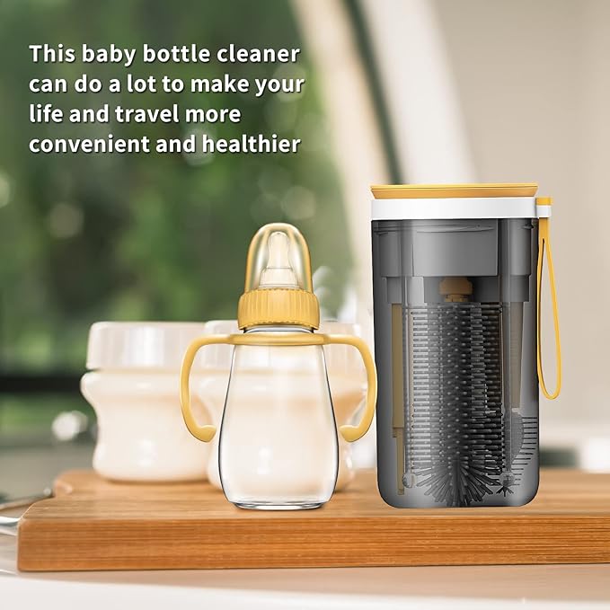WHNLTravel Baby Bottle Brush Set with Bottle Cleaner Brush Set and Drying Rack,Gift for Newborn Mothers, Suitable for Travel and Home(Yellow)