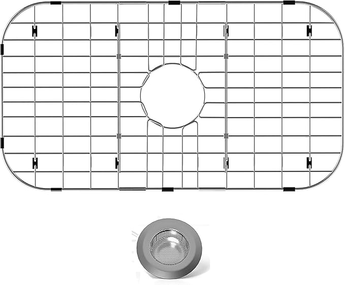 Stainless Steel Sink Protector 26"x14" with Center Drain, Metal Sink Rack for Bottom of Sink, Kitchen Sink Grate and Sink Protectors with Sink Strainer (26" x 14" - Center Drain)