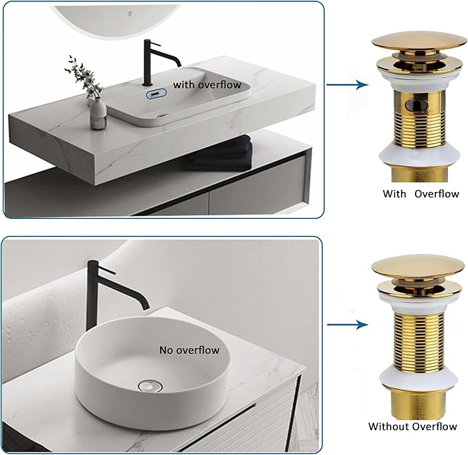 Bathroom Sink Drain, Gold Drain Stopper Bathroom Sink Without Overflow,Pop Up Drain Assembly with Detachable Strainer Basket,Built-in Anti-Clogging Strainer,Stainless Steel