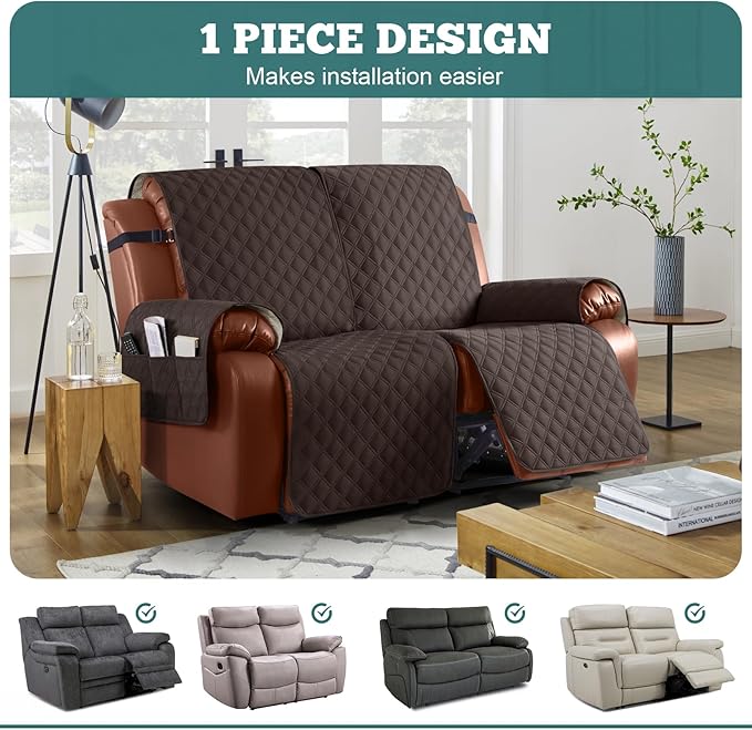 Ruaozz Waterproof Recliner Sofa Covers, 1-Piece Couch Covers for Reclining Couches Reclining Couch Cover Washable Furniture Protector with Elastic Straps Pocket for Kids Pets (Chocolate, 2 Seater)