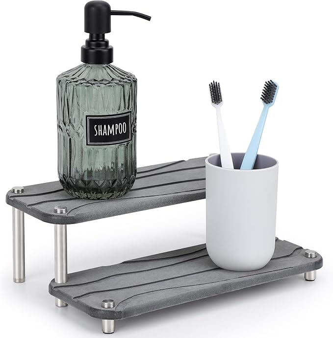 Segbeauty 2 Tier Fast Drying Diatomaceous Earth Tray, 11x4.3in Water Absorbing Stone Drying Vanity Tray for Countertop, Bathroom Counter Rack Kitchen Sink Organizer Dish Soap Sponge Holder Dark Gray