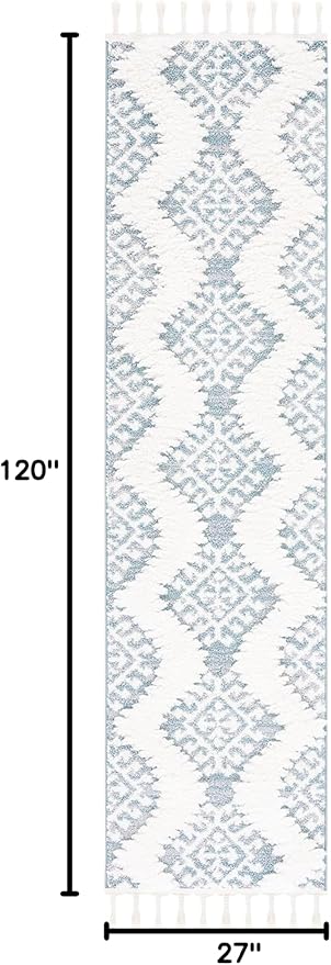 SAFAVIEH Moroccan Tassel Shag Collection Runner Rug - 2'3" x 10', Teal & Ivory, Rustic Trellis, Non-Shedding & Easy Care, 2-inch Thick Ideal for High Traffic Areas in Living Room, Bedroom (MTS652K)