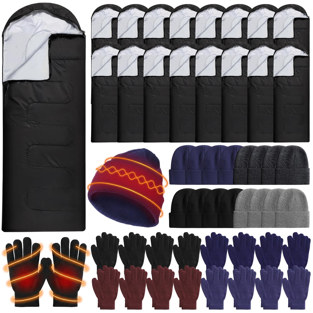 48 Pcs Sleeping Bags with Beanies Gloves, Winter Emergency Kit - Image 1