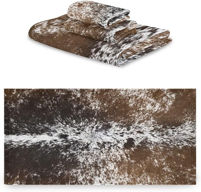 Western Cow Print Bath Towels Set,Absorbent Soft 3 Piece Brown Farm Cowhide Animal Fur Pattern Towels for Bathroom,1 Bath Towel 1 Hand Towel 1 Washcloth,Quick Dry Decoractive Bathroom Towels