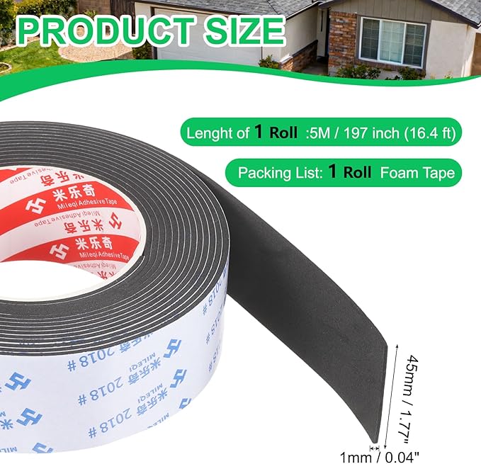 PATIKIL Sponge Rubber Foam Tape, 1 3/4" W x 1/32" t x 16.4ft l Self-Adhesive Foam Insulation Tape Weather Stripping for Window Door Soundproofing Weatherstrip AC Seal Strip, Black