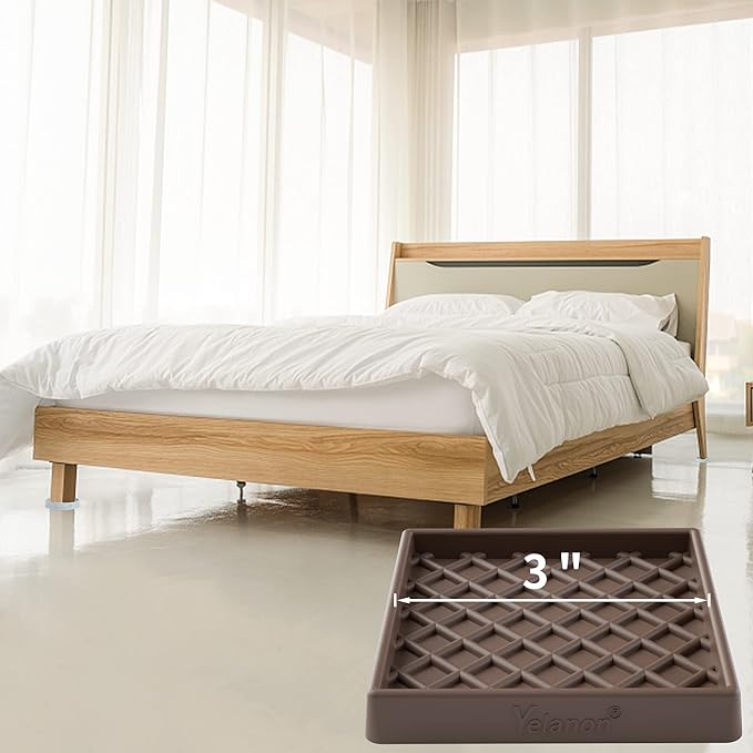 Furniture Coasters - 8 Pcs 3” Square Furniture Caster Cups Non Slip Pads Hardwoods Floors Non Skid Furniture Grippers Rubber Grid Feet Anti Slide Floor Protector for Bed Couch Stoppers Brown