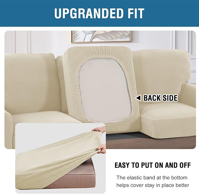 H.VERSAILTEX Multi-Pieces Chair Covers Stretch Couch Covers Form Fitted Seat and Back Cushions Covers (1 Seat Cover Plus 1 Back Cusion Cover, Bonus 2 Armrest Covers), Natural