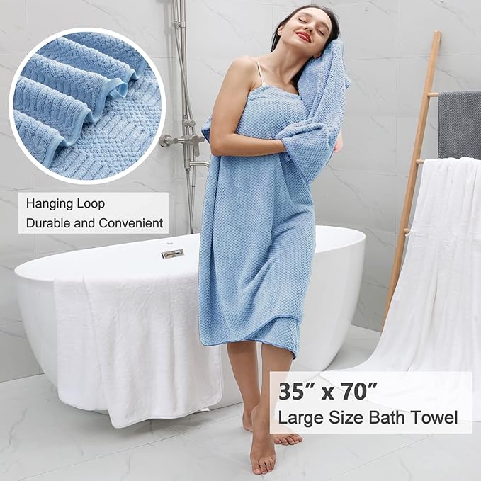 Oliven 4 Piece Blue Large Bath Sheets 35"x70" Oversized Bath Towels Jumbo Towel Set 600GSM Soft Highly Absorbent Quick Dry Beach Chair Towel Woven Towels for Bathroom Hotel and Spa