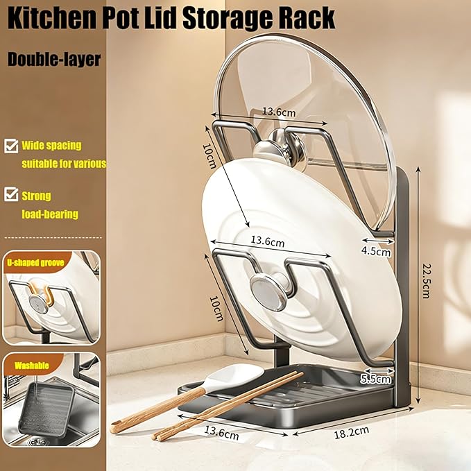 Kitchen Pot Lid Storage Rack, Stainless Steel Pot Lid Organizer & Holder, Lid and Spoon Rest with Drip Tray While Cooking, Space Saving for Countertop, RV, and Small Kitchens (Beige)