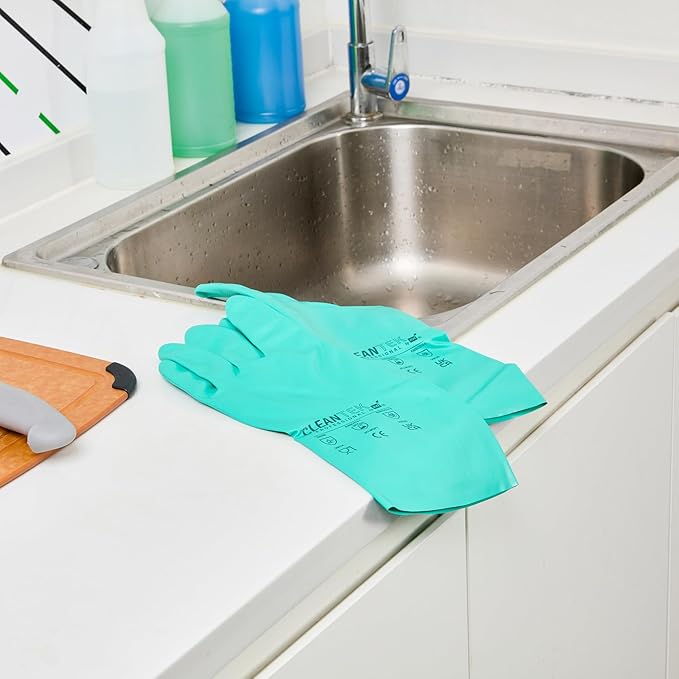 Restaurantware Green Cleaning Gloves 10 Pairs 15 Mil Thick Large Heavy-Duty Nitrile Gloves With Long Cuff No-Latex Flock Lining For Use In Hospitals, Laboratories, Kitchens and Households
