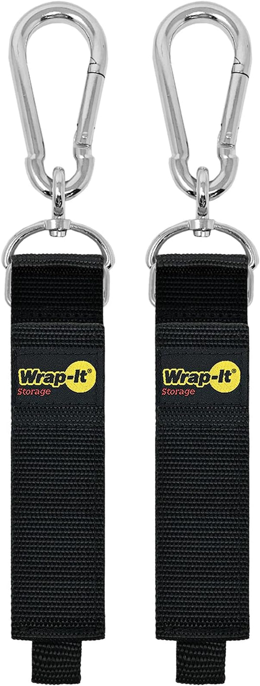 Hook 'n Hang Wrap-It Storage Straps - 18" (2-Pack) Black - Carabiner Straps to use as an Extension Cord Holder with Hooks