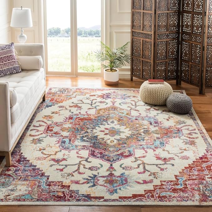 SAFAVIEH Crystal Collection X-Large Area Rug - 11' x 16', Light Blue & Burgundy, Boho Chic Medallion Design, Non-Shedding & Easy Care, Ideal for High Traffic Areas in Living Room, Bedroom (CRS501F)