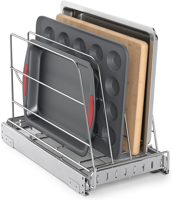 Pull Out Cabinet Organizer for Cutting Board, Cookie Sheet, Baking Sheet, Stainless Steel Sliding Rack for Bakeware & Trays, Heavy-Duty Cutting Board Organizer (9” x 16.5” (22.8 x 41.8 cm))