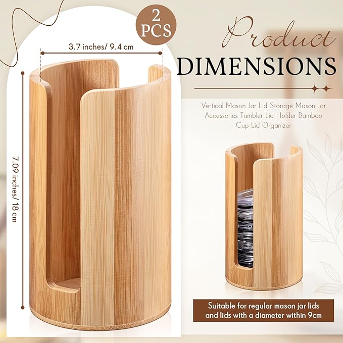 Suclain 2 Pcs Mason Jar Lid Organizer Bamboo Vertical Mason Jar Lid Storage Accessories Tumbler Lids Holder Cup Lids Organizer for Home Kitchen Countertop Cupboard(Only for Wide Mouth)