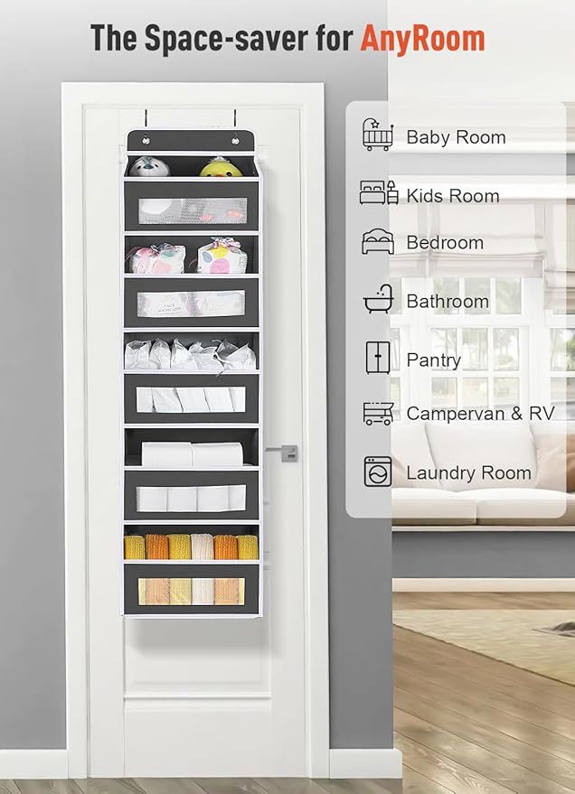 Over The Door Organizer Storage, 5 shelf Hanging Door Organizers with 10 Large Capacity Pockets, Anti Tilt 48 lb Load Behind Door Organizer for Bedroom, Bathroom, Pantry