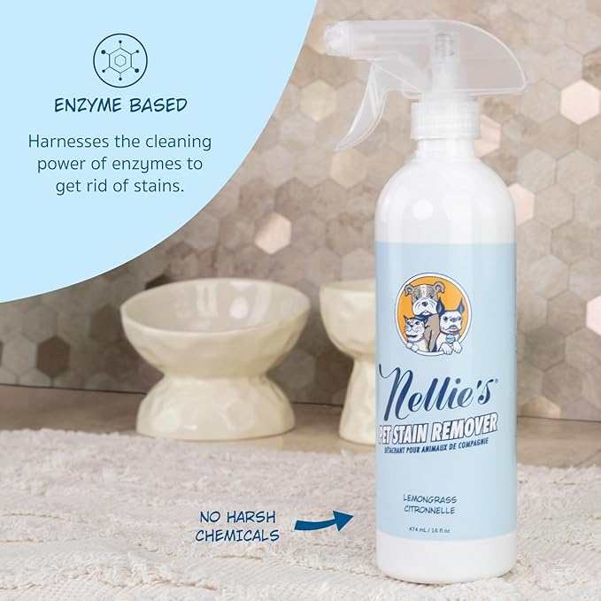 Nellie's Pet Stain & Odour Remover - Lemongrass Scented - Safe on Fabrics & Carpets - Pet-Safe & Powerful Formula - Removes Stains & Odours for a Fresher Home - Friendly Cleaner for Pet Accidents