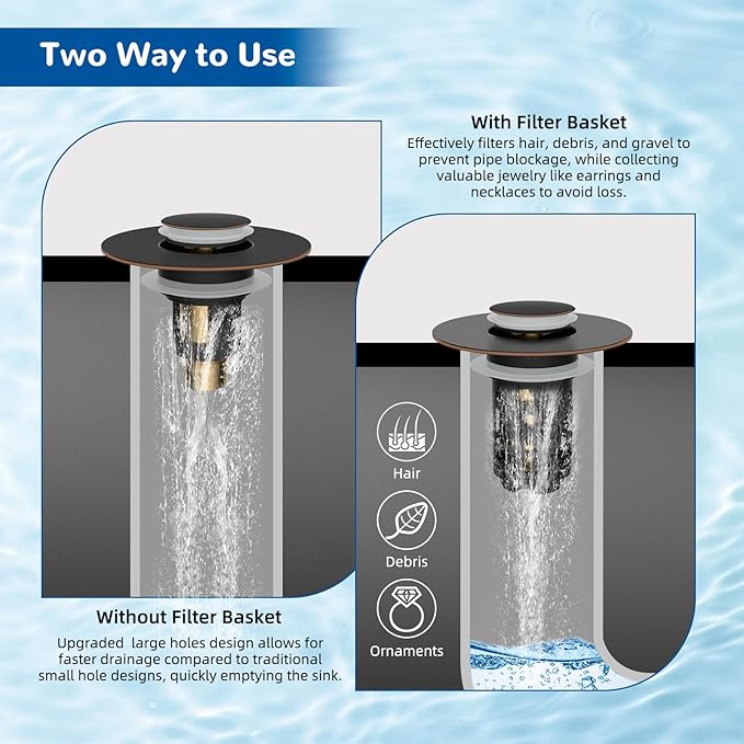 Hibbent 2 Pack 3 in 1 Bathroom Sink Drain Strainer, Pop Up Stopper with Removable Stainless Steel Filter Basket Hair Catcher, Sink Plug for 1.1''~2.36'' Basin, Brass Bullet Core, Oil Rubbed Bronze