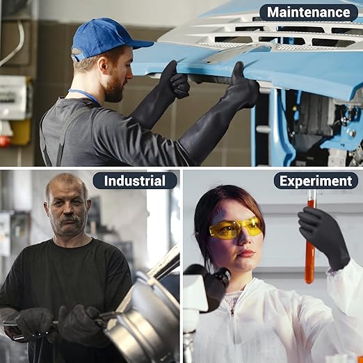 XXL 22" Black Protective Gloves for Washing Dishes, Thick Chemical Resistant Rubber Gloves Heavy Duty Safety Work Cleaning, Waterproof, Acid/Alkali/Oil Resistant, Non-Slip Diamond Grip, 1 Pair