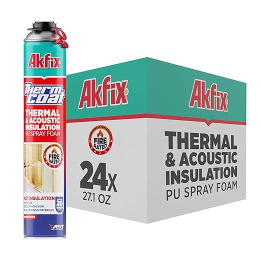 Akfix Thermcoat Fire Rated Spray Foam Insulation 480 sq ft (24x27.1 oz) - (R-Value 11.32/2 inch) Closed Cell Expanding Wide Sealant Thermal Insulation for Walls and Attic - Gun&Cleaner NOT Included