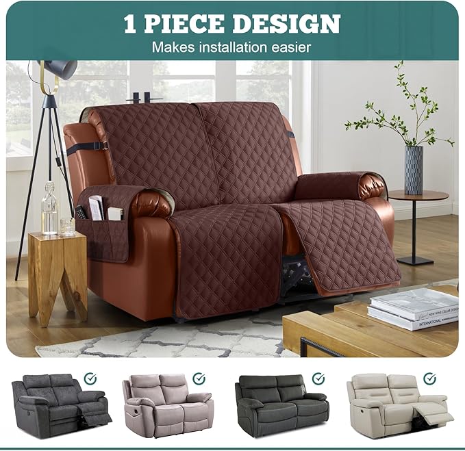 Ruaozz Waterproof Recliner Sofa Covers, 1-Piece Couch Covers for Reclining Couches Reclining Couch Cover Washable Furniture Protector with Elastic Straps Pocket for Kids Pets (Coffee, 2 Seater)