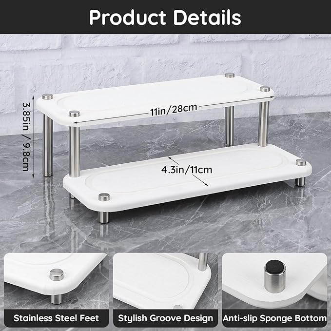 Segbeauty 2 Tier Instant Dry Counter Organizer, 11x4.3in Quick Dry Diatomaceous Earth Stone Drying Tray, Water Absorbing Stone Fast Drying Countertop Rack Sponge Soap Holder for Kitchen Bathroom White