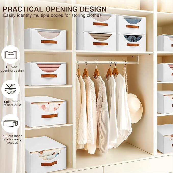 Stackable Storage Drawers - Collapsible Storage Bins with Drawers, 4 Pack Closet Shelf Organizer Basket, Fabric Pull Out Organizer for Bedroom, Living Room, Dorm, White