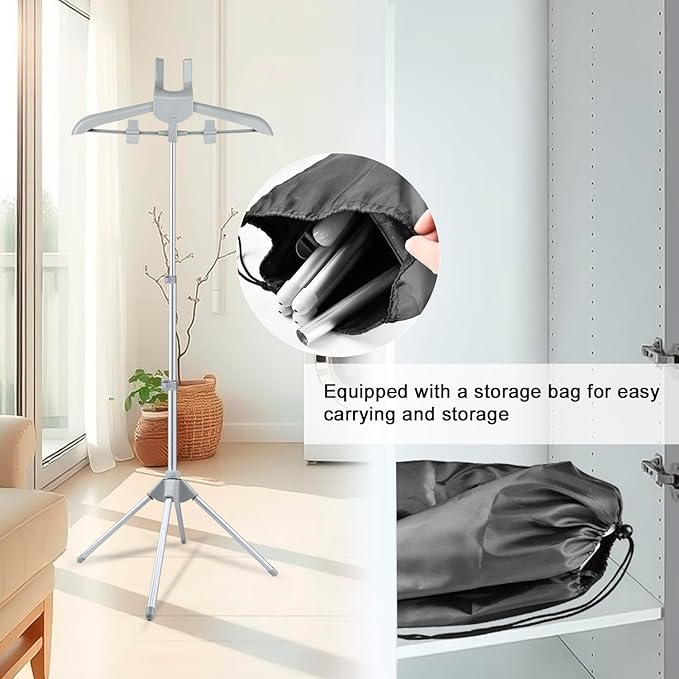 Foldable Garment Steamer Hanger Stand with Ironing Gloves, Adjustable Steamer Rack Included Lint Remover Storage Bag 2 Clips for Suits Shirts Coats Portable Travel Home Use