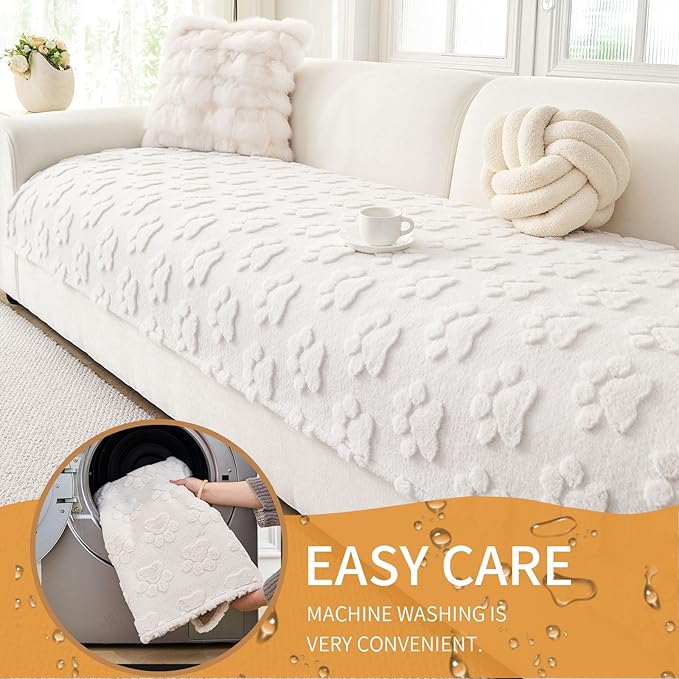 Waterproof Couch Cover for Dogs Washable,Fuzzy Pet Couch Covers for Sofa,Thick Soft Dog Mat Non-Slip Couch Covers for 3 Cushion Couch Sofa Pet Friendly (White, 35 * 95(1pc))