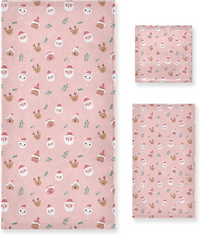 Pfrewn Christmas Winter Towels Set of 3 Christmas Symbol with Pink Bathroom Towel Soft Absorbent Bath Hand Towels Washcloth Guest Towel Sets Xmas Holiday Decor
