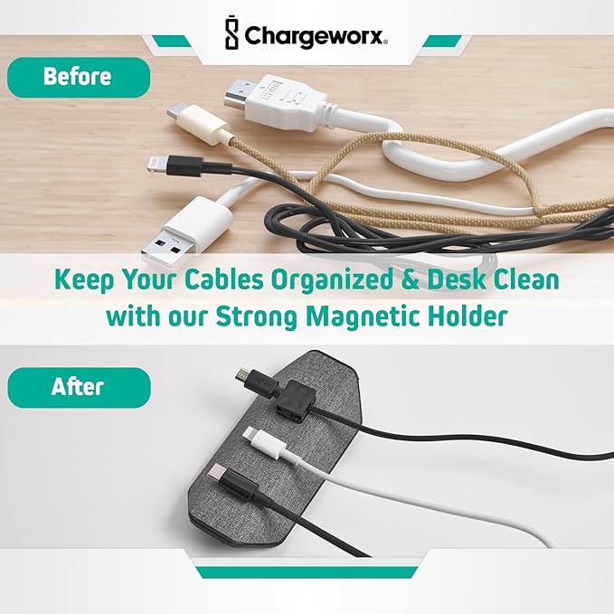 CHARGEWORX Magnetic Cable Organizer – Weighted Non-Adhesive Cord Holder with 3 Magnetic Clips for USB-C, Lightning & MagSafe Cables – Desk, Office & Nightstand Cable Management