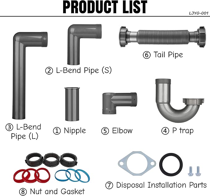 Garbage Disposal Installation Kit, Complete Kitchen Sink Drain Pipe Kit, 1-1/2" Plumbing, Compatible with Wall Mount or Floor Drain, Includes Elbow, P trap, Flange, Gasket and an Adjustable Tailpiece