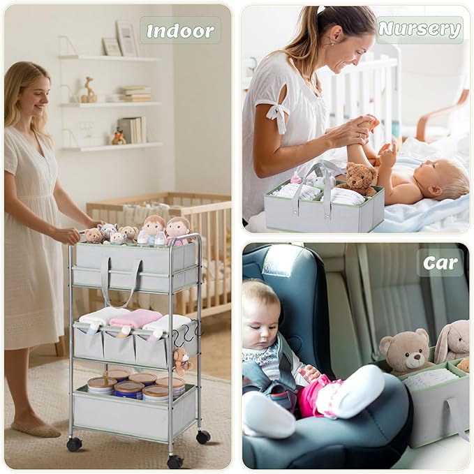 2in1 Colorful Baby Diaper Caddy Organizer Cart 3 Tier Large Capacity Metal Utility Bedside Rolling Cart with Divider for Newborn Nursery Essential Must Have Crib Bedroom Baby Shower(Green)