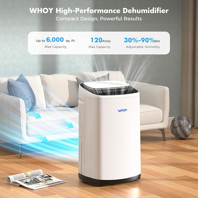 Dehumidifier for Basement 6,000 Sq Ft, 120 Pints Max. Smart Compressor,Intelligent Humidistat, Smart App-Controlled with Darin Hose And App Control for Basement, Bathroom,Living room,Bedroom,Home