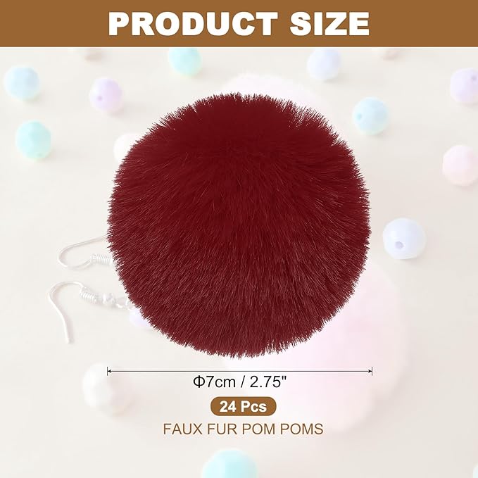 PATIKIL Faux Fur Pom Poms for Hats, 24 Pcs Fluffy Soft Fur Poms Balls with Elastic Loop for Keychain Knitting Hats DIY Scarves Gloves Bag Christmas, Burgundy