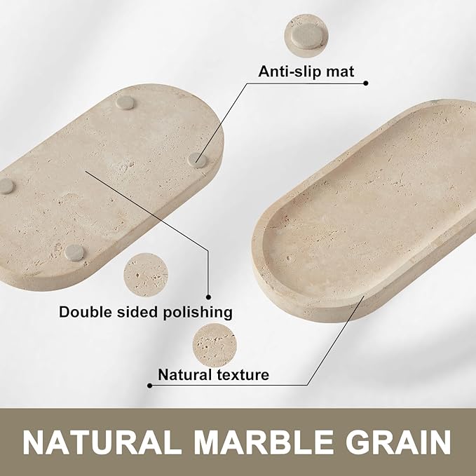 Travertine Tray, Marble Tray for Bathroom countertop,Non-Ceramic/Non-Resin，Stone for Storing Perfume, Cosmetics and Jewelry 10 * 5inch （Travertine）