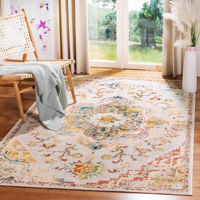 SAFAVIEH Crystal Collection Accent Rug - 4' x 6', Light Blue & Grey, Medallion Distressed Design, Non-Shedding & Easy Care, Ideal for High Traffic Areas in Entryway, Living Room, Bedroom (CRS501M)