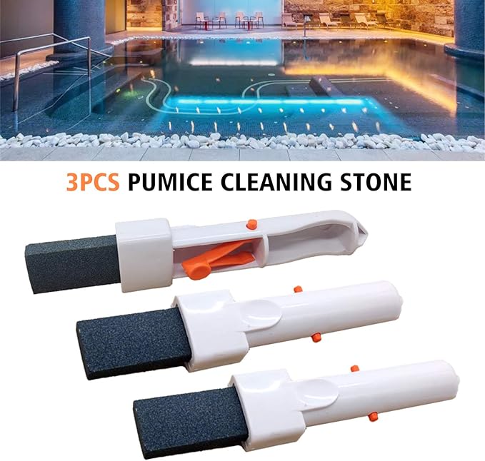 Tough Stain Remover Pool Pumice Stone, 3-Pack Non-Slip Clip-On Handle, Saves Scrubbing Time for Homeowners – Cleans Pools, Hot Tubs & Toilet Bowl Rings