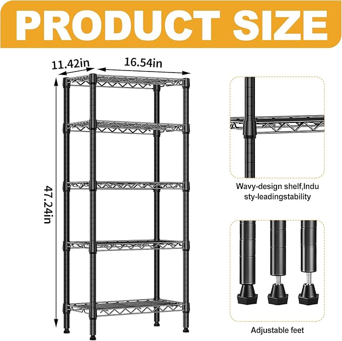 Heavy Duty Stainless Steel Kitchen Storage Rack, Adjustable Shelf Organizer with Non-Slip Mats, Black, for Cabinets, Countertops, Pantries (5-Tier Rack)